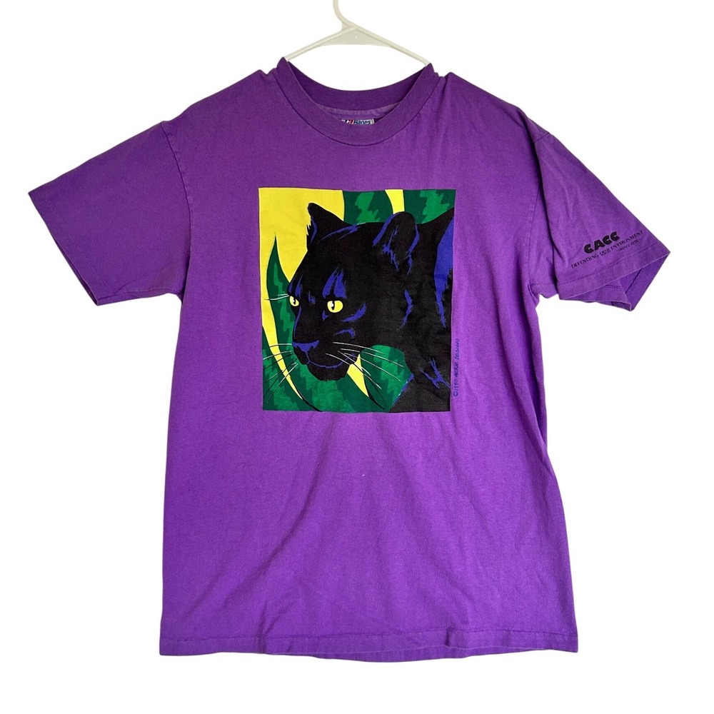 Vintage 1990 Aerie Design Black Panther T Shirt Purple Hanes Beefy-T Large USA